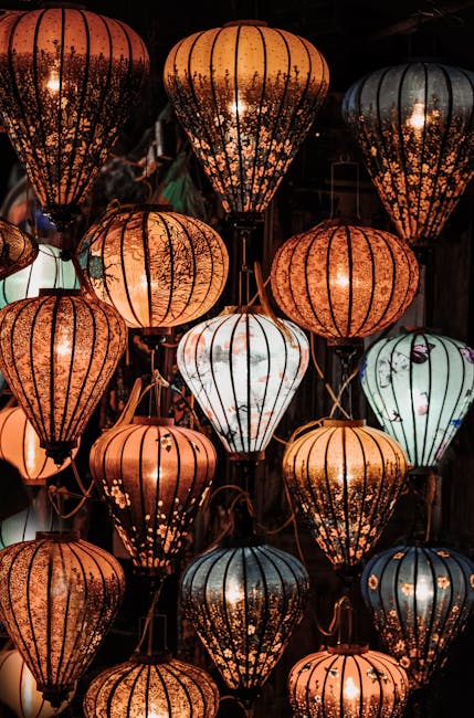 Vibrant traditional lanterns beautifully displayed, showcasing intricate patterns and warm colors.