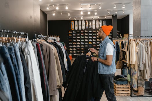 Man in a beanie and denim jacket shopping for coats in a trendy clothing store.